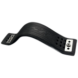 Top view of black footstrap with naish branding with bolts and washers. Holes on either side for adjustment