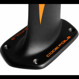 Close-up of a black Code Foils Black series mast plate with orange branding and a small orange logo, shown on a white background.