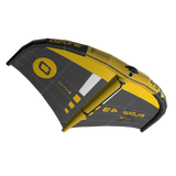 A wingfoil wing shown on a plain white background, featuring a color scheme of yellow and dark gray with black trim and printed branding saying ' OZONE ALULLA FLOW ULTRA X'