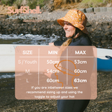 Surf shell protective surf hat size guide with lady wearing coastal boho orange and floral hat