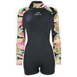 Black wetsuit with colorful palm leaf pattern on sleeves and SOLA logo on chest against a white background