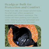 Graphic nad text showing the built in impact protection inside the surf shell coastal boho surf hat