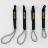 Four black Ozone branded bungee harness lines with gray dynema loops, arranged in a row from largest to smallest on a white background.