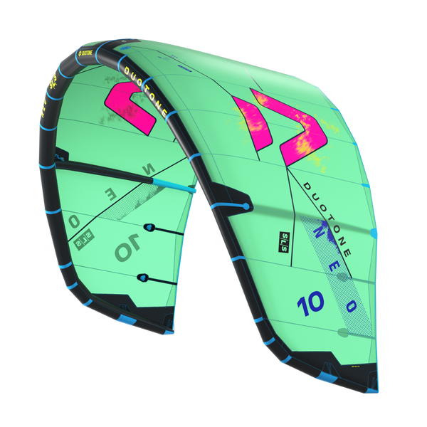 ide profile of Duotone Neo SLS 2026 kite showing Hybrid Flex Struts in green and pink
