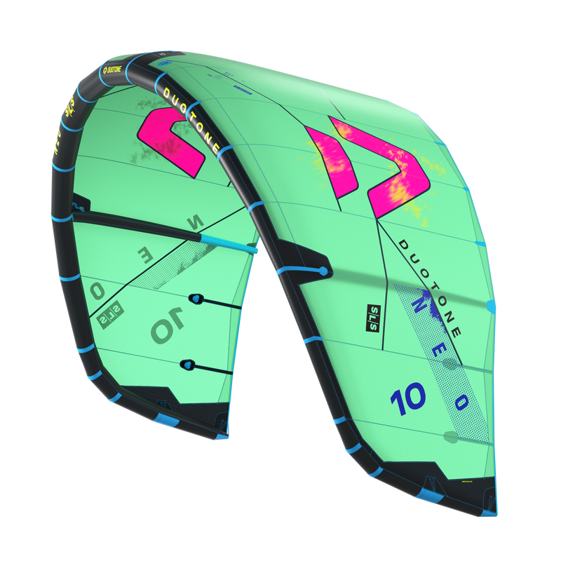 ide profile of Duotone Neo SLS 2026 kite showing Hybrid Flex Struts in green and pink
