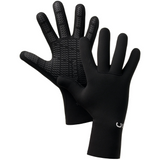 A pair of black wetsuit gloves, one showing the textured grip palm side and the other showing the smooth back of the hand with a small white logo near the cuff.