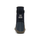 A single wetsuit boot shown from the back on a solid white background, featuring a black neoprene upper with white printed text '5.0 - NUWAVE natural rubber' and a dark brown sole.